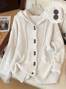 GlowEve CURVE Cardigan Rajut Berkerudung Wanita Ukuran Besar Musim Gugur Musim Dingin, Kancing Depan dengan Tali Serut, Lengan Panjang Longgar Warna Putih Polos, Sweater Kasual Tradisional Lembut - Light Grey - View 3