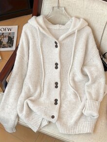 GlowEve CURVE Cardigan Rajut Berkerudung Wanita Ukuran Besar Musim Gugur Musim Dingin, Kancing Depan dengan Tali Serut, Lengan Panjang Longgar Warna Putih Polos, Sweater Kasual Tradisional Lembut - Light Grey - View 4