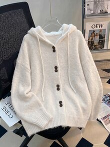 GlowEve CURVE Cardigan Rajut Berkerudung Wanita Ukuran Besar Musim Gugur Musim Dingin, Kancing Depan dengan Tali Serut, Lengan Panjang Longgar Warna Putih Polos, Sweater Kasual Tradisional Lembut - Light Grey - View 5