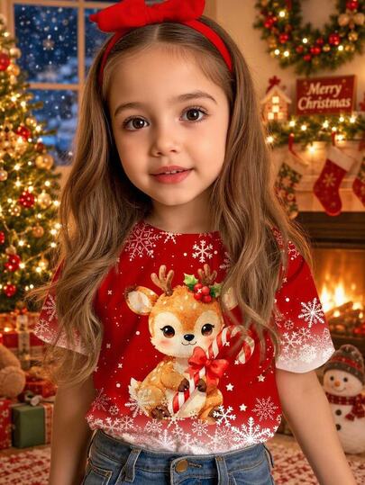Young Girl Casual Minimalist Cute Fun Cartoon Christmas Reindeer Pattern, Gradient Snowflake, Christmas Red, Round Neck Short Sleeve T-Shirt Suitable For Christmas Kawaii, Graphic, Cute Tops, Christmas Tops