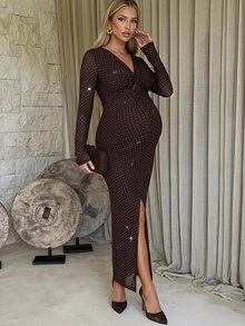 MaterniChic Gaun Hamil Lengan Panjang Slim-Fit Warna Cokelat Elegan (Leher V, Hiasan Rhinestone, Detail Lipatan) – Musim Gugur - Kopi - View 1