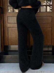 SHEIN EZwear Celana Rajut Longgar Potongan Lurus dengan Pinggang Elastis - Hitam - View 5