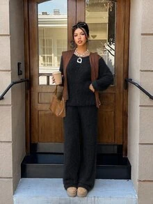 SHEIN EZwear Celana Rajut Longgar Potongan Lurus dengan Pinggang Elastis - Hitam - View 3