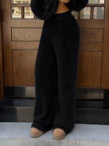 SHEIN EZwear Celana Rajut Longgar Potongan Lurus dengan Pinggang Elastis - Hitam - View 4