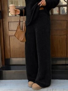 SHEIN EZwear Celana Rajut Longgar Potongan Lurus dengan Pinggang Elastis - Hitam - View 2