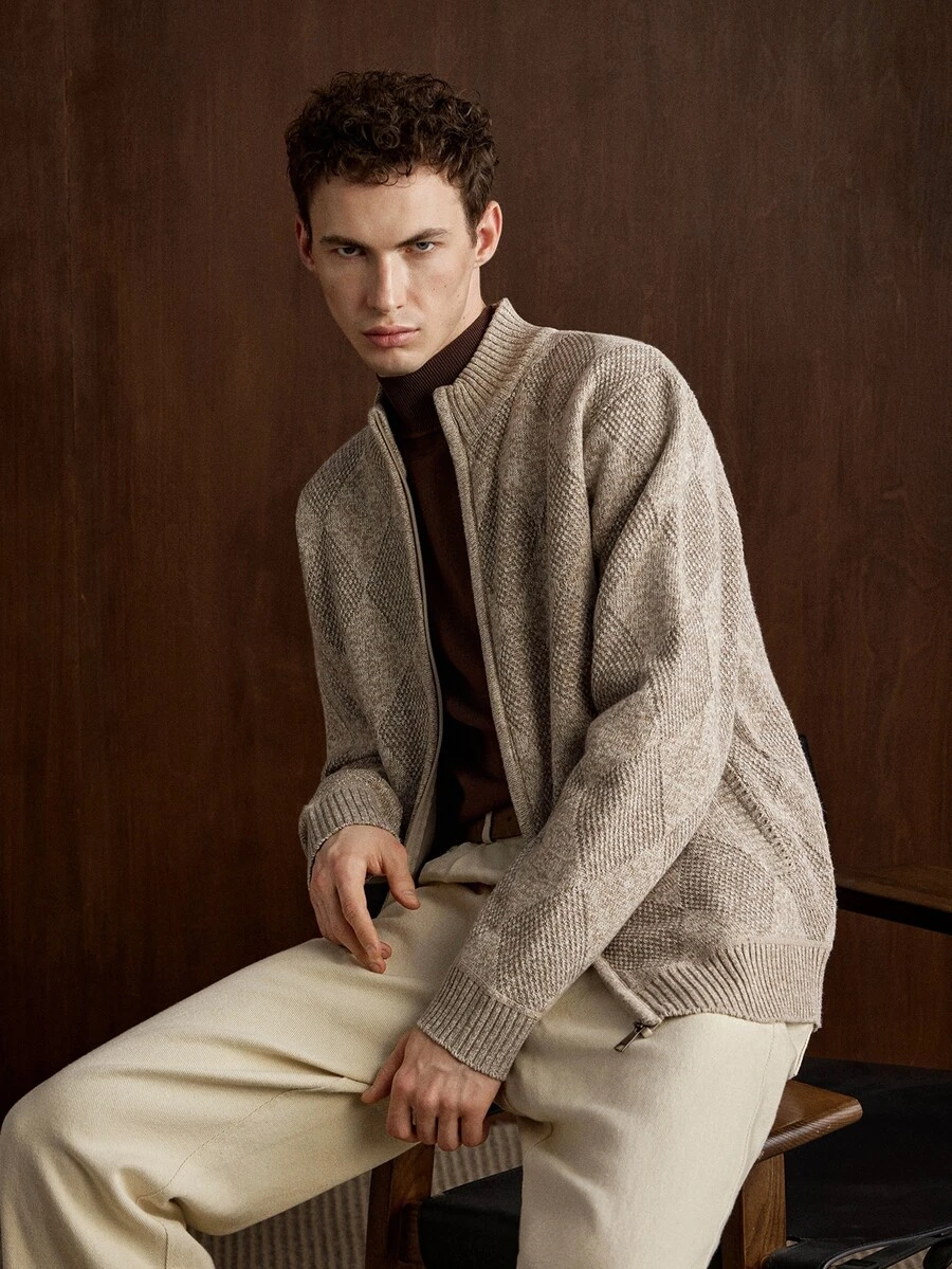 Manfinity Homme Men's Patchwork Quilted Cardigan Old Money Formal Keep Warm - Beige - View 1