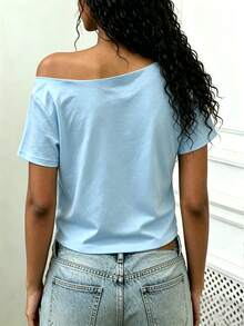 Rovax Cropped Oblique Shoulder Short Sleeve T-Shirt - Baby Blue - View 2
