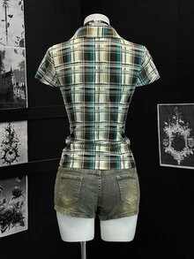 Bitrose Women's Summer Short Sleeve Plaid Ruffle Patchwork Blouse - Multicolor - View 2