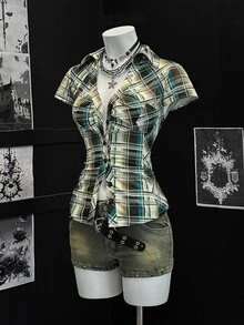 Bitrose Women's Summer Short Sleeve Plaid Ruffle Patchwork Blouse - Multicolor - View 4