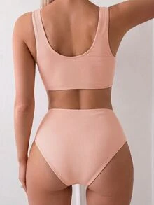 SHEIN Swim Women's Beach Vacation Textured Fabric Criss-Cross Ruched Design Swimwear Set Red Polka Dot Summer Sexy - Pink - View 2