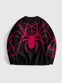 ROMWE MEN Men's Spider Jacquard Pattern Loose Fit Sweater - Black - View 1