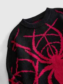 ROMWE MEN Men's Spider Jacquard Pattern Loose Fit Sweater - Black - View 4