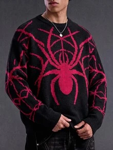 ROMWE MEN Men's Spider Jacquard Pattern Loose Fit Sweater - Black - View 7