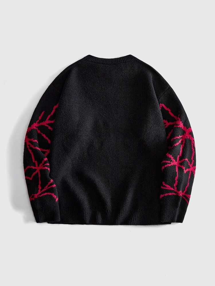 ROMWE MEN Men's Spider Jacquard Pattern Loose Fit Sweater - Black - View 3