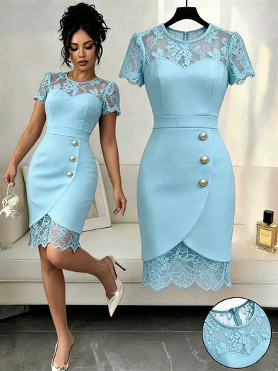 Elenzga Rochie mini elegantă, mulată, cu dantelă contrastantă, transparentă, cu decolteu în formă de inimă, talie înaltă, sexy, mulată, pentru femei, primăvară/vară