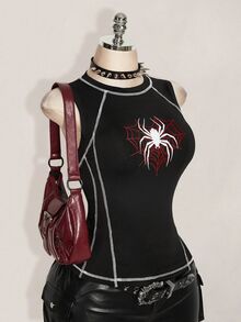 SHEIN ICON Women's Plus Size Autumn/Winter Retro Sexy Millennial Style Y2K Halloween Outfit Spider Pattern Color Block Stitching Black Vest - Black - View 11