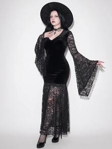 SHEIN ICON Plus Size Women's Autumn/Winter Retro Sexy Elegant Dark Gothic Style Velvet Patchwork Lace Flared Sleeves Ruffled Black Slim Fit Dress - Black - View 10