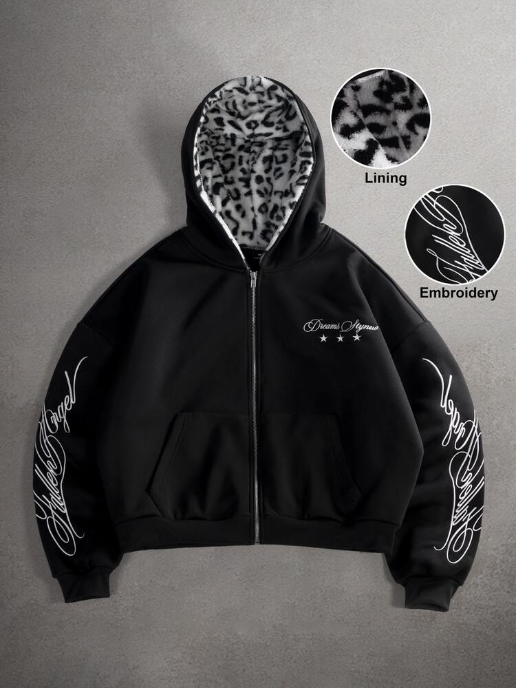 STYNVO Men's Letter Print Long Sleeve Zip-Up Casual Hoodie - Black - View 1