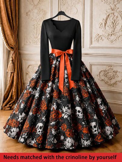 Rometta Plus Size Halloween Skeleton Rose Patchwork Soft Knit Fabric Ruffle Wavy Collar V-Neck Long Sleeve Cinched Waist A-Line Knee-Length Dress Elegant Outing Date Party Dress