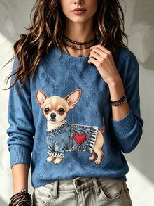 SHEIN Women's Puppy Print Crew Neck Pullover Sweater Date Brunch Everyday Blue Autumn Casual Cute Cute Cute - Multicolor - View 4