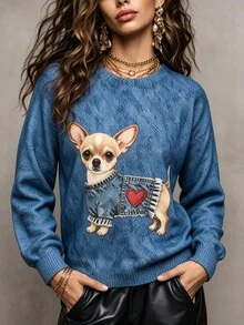 SHEIN Women's Puppy Print Crew Neck Pullover Sweater Date Brunch Everyday Blue Autumn Casual Cute Cute Cute - Multicolor - View 3