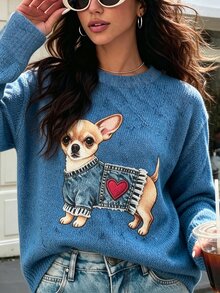 SHEIN Women's Puppy Print Crew Neck Pullover Sweater Date Brunch Everyday Blue Autumn Casual Cute Cute Cute - Multicolor - View 6