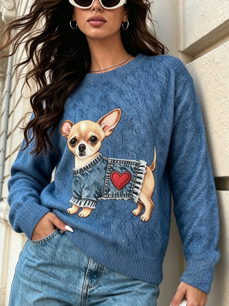 SHEIN Women's Puppy Print Crew Neck Pullover Sweater Date Brunch Everyday Blue Autumn Casual Cute Cute Cute