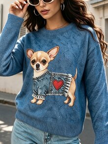 SHEIN Women's Puppy Print Crew Neck Pullover Sweater Date Brunch Everyday Blue Autumn Casual Cute Cute Cute - Multicolor - View 7