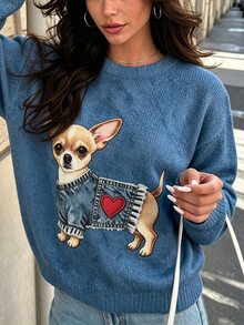 SHEIN Women's Puppy Print Crew Neck Pullover Sweater Date Brunch Everyday Blue Autumn Casual Cute Cute Cute - Multicolor - View 8