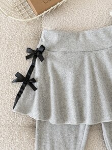 SHEIN 2pcs Baby Girls Knit Top Skort Sweet Grey Black Multi Bows Peplum Hem Long Sleeve Round Neck Party House Beach Summer Halloween Christmas Ballet Set - Multicolor - View 9