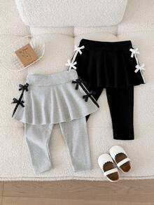 SHEIN 2pcs Baby Girls Knit Top Skort Sweet Grey Black Multi Bows Peplum Hem Long Sleeve Round Neck Party House Beach Summer Halloween Christmas Ballet Set - Multicolor - View 6