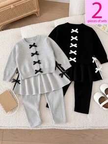 SHEIN 2pcs Baby Girls Knit Top Skort Sweet Grey Black Multi Bows Peplum Hem Long Sleeve Round Neck Party House Beach Summer Halloween Christmas Ballet Set - Multicolor - View 1