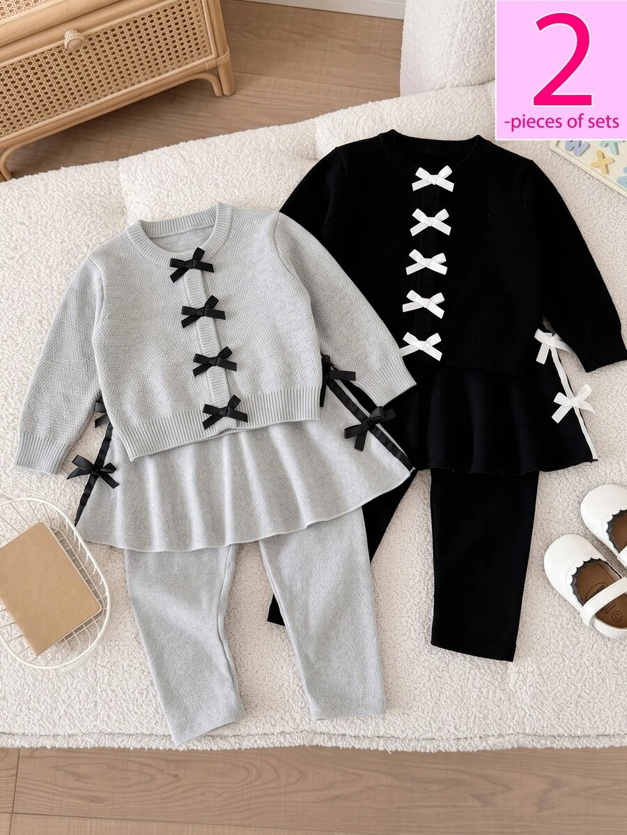 SHEIN 2pcs Baby Girls Knit Top Skort Sweet Grey Black Multi Bows Peplum Hem Long Sleeve Round Neck Party House Beach Summer Halloween Christmas Ballet Set - Multicolor - View 1