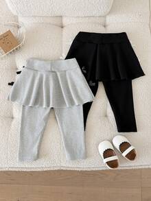 SHEIN 2pcs Baby Girls Knit Top Skort Sweet Grey Black Multi Bows Peplum Hem Long Sleeve Round Neck Party House Beach Summer Halloween Christmas Ballet Set - Multicolor - View 2