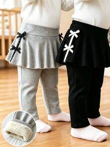 SHEIN 2pcs Baby Girls Knit Top Skort Sweet Grey Black Multi Bows Peplum Hem Long Sleeve Round Neck Party House Beach Summer Halloween Christmas Ballet Set - Multicolor - View 4