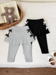 SHEIN 2pcs Baby Girls Knit Top Skort Sweet Grey Black Multi Bows Peplum Hem Long Sleeve Round Neck Party House Beach Summer Halloween Christmas Ballet Set - Multicolor - View 5