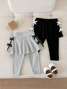 SHEIN 2pcs Baby Girls Knit Top Skort Sweet Grey Black Multi Bows Peplum Hem Long Sleeve Round Neck Party House Beach Summer Halloween Christmas Ballet Set - Multicolor - View 3