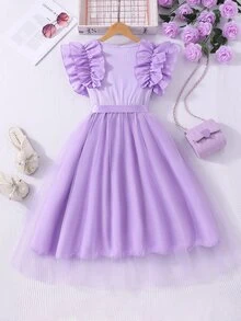 Tween Girls Waist Ruffle Trim Ribbed Mesh Round Neck Princess Summer Casual Mini Dress With Belt For Tween Girl, Daily, Outfit - Purple - View 3