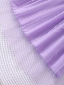 Tween Girls Waist Ruffle Trim Ribbed Mesh Round Neck Princess Summer Casual Mini Dress With Belt For Tween Girl, Daily, Outfit - Purple - View 9