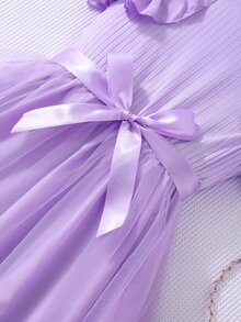 Tween Girls Waist Ruffle Trim Ribbed Mesh Round Neck Princess Summer Casual Mini Dress With Belt For Tween Girl, Daily, Outfit - Purple - View 7