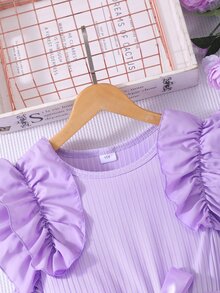 Tween Girls Waist Ruffle Trim Ribbed Mesh Round Neck Princess Summer Casual Mini Dress With Belt For Tween Girl, Daily, Outfit - Purple - View 5