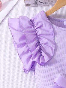 Tween Girls Waist Ruffle Trim Ribbed Mesh Round Neck Princess Summer Casual Mini Dress With Belt For Tween Girl, Daily, Outfit - Purple - View 6