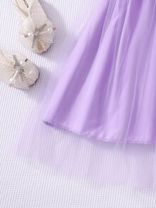 Tween Girls Waist Ruffle Trim Ribbed Mesh Round Neck Princess Summer Casual Mini Dress With Belt For Tween Girl, Daily, Outfit - Purple - View 8