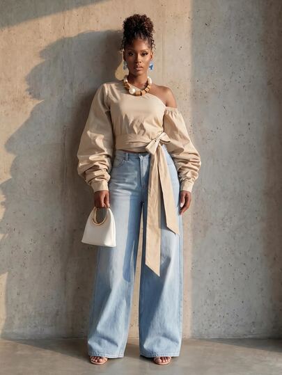 BamGlimmer Summer/Autumn New Beige Top, Asymmetrical Neck Ruffle Sleeve, Sexy Elegant Relaxed Style, Suitable For Travel, Daily Wear Brunch Going Out, Party