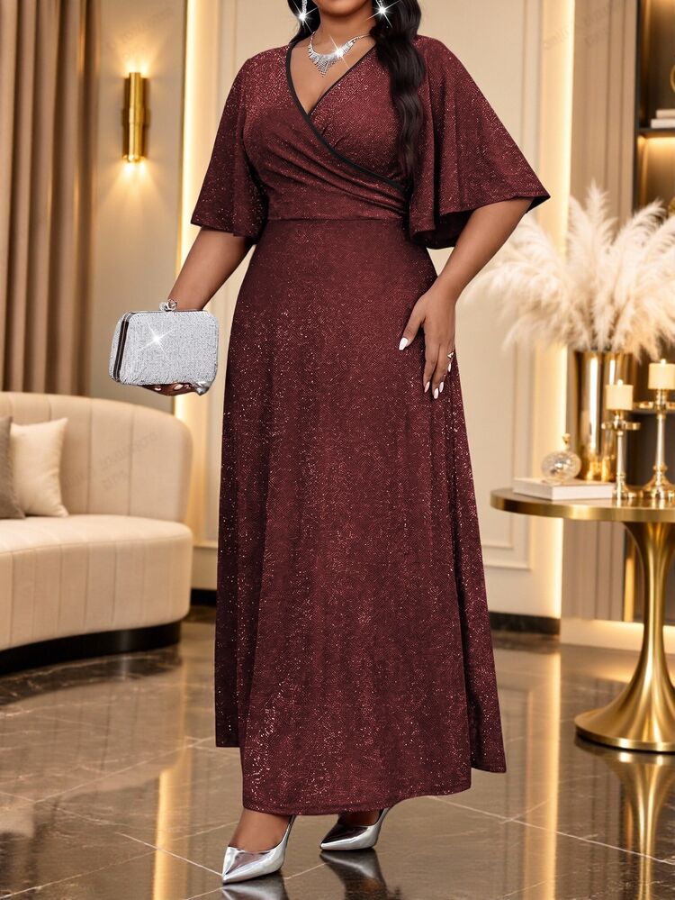 Fleurora Plus Size Women Solid Color Overlap V-Neck Ruffle Short Sleeve Elegant Shiny Dress - Multicolor - View 6