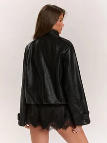 SHEIN BAE Jaket Kasual Wanita Kancing Ganda, Musim Gugur - Hitam - View 2