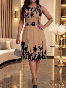 SHEIN Lady Plus Size Elegant Celestial Party Formal Office Christening Guest Dinner Jacket Floral Print Dress 2 Pieces Set Wedding Black Summer Wedding - Khaki - View 3