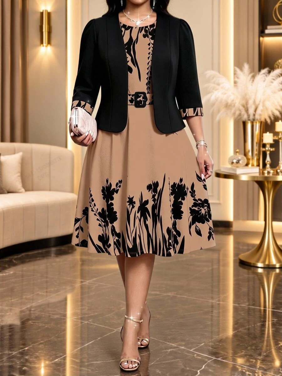 SHEIN Lady Plus Size Elegant Celestial Party Formal Office Christening Guest Dinner Jacket Floral Print Dress 2 Pieces Set Wedding Black Summer Wedding - Khaki - View 1