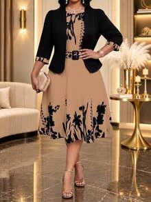SHEIN Lady Plus Size Elegant Celestial Party Formal Office Christening Guest Dinner Jacket Floral Print Dress 2 Pieces Set Wedding Black Summer Wedding - Khaki - View 5