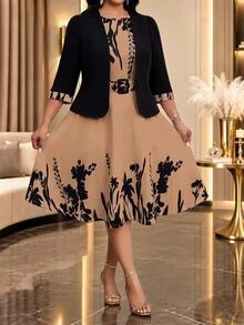 SHEIN Lady Plus Size Elegant Celestial Party Formal Office Christening Guest Dinner Jacket Floral Print Dress 2 Pieces Set Wedding Black Summer Wedding - Khaki - View 2